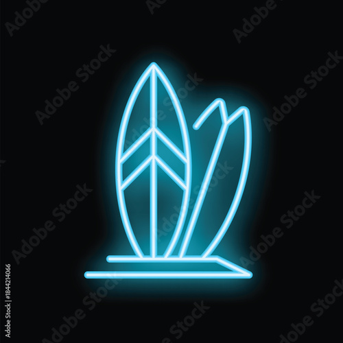Glowing blue neon sign representing two surfboards standing upright on the sand, evoking summer vibes and watersport adventures