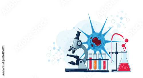 Scientific laboratory setting for virology or medical research, with a microscope, test tubes, and chemistry equipment next to a large virus cell.