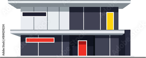 Sleek minimalist architectural illustration of a modern two-story residential house, featuring large blue windows and a clean, contemporary design for real estate concepts