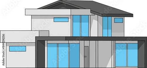 Modern residential house with clean lines and large blue windows, a 2-story architectural design