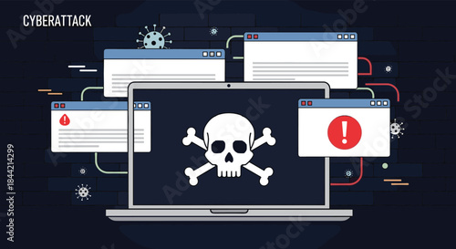 Cyberattack concept showing a laptop with a skull and crossbones on the screen, surrounded by virus icons and pop-up windows with error alerts.