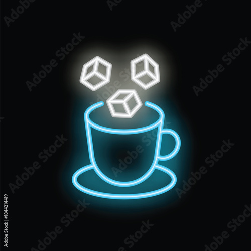 Neon sign depicting a cup with sugar cubes falling into it on a black background
