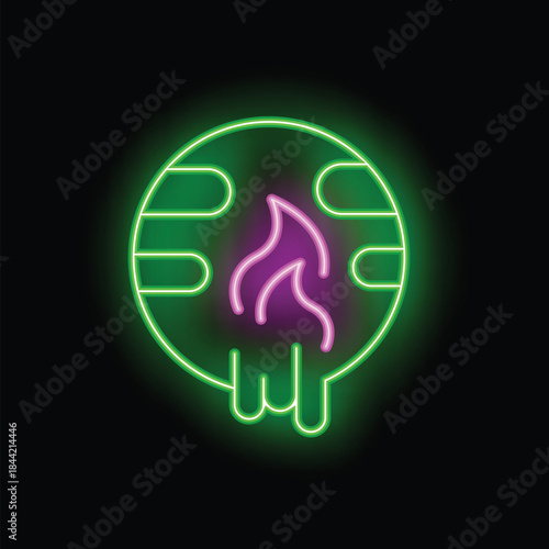 Neon sign depicting a melting planet earth with fire burning inside, symbolizing global warming