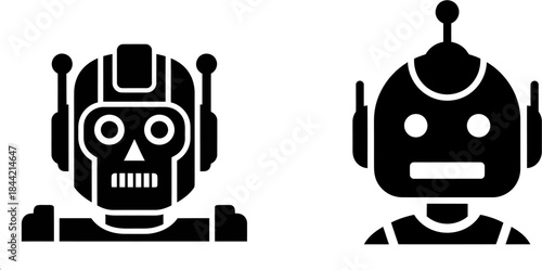 Vector illustrations depicting two distinct robot head designs, symbolizing artificial intelligence, future technology, and the advanced capabilities of automation systems in a modern digital world