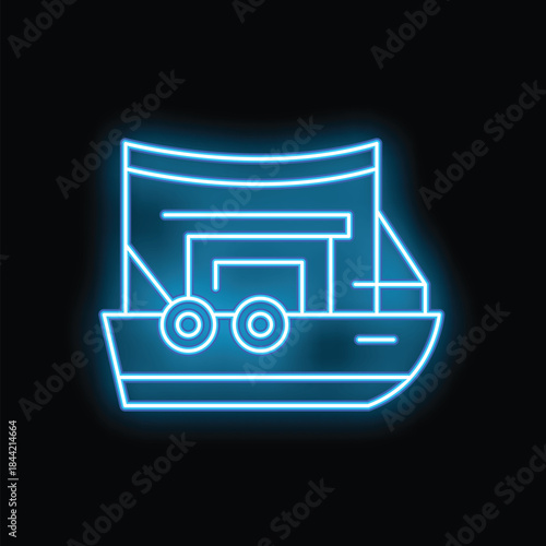 Blue neon icon of a fishing boat shining on a dark wall at night