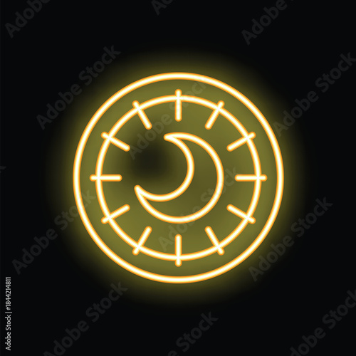 Neon yellow mystical moon phase circle is glowing on a black background