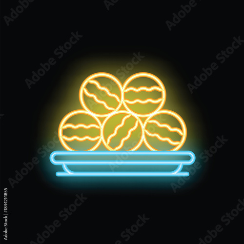Neon sign representing six falafel balls served on a plate, glowing yellow and blue on a black background
