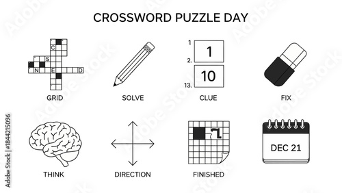 Black and white icons illustrating components and actions related to crossword puzzles