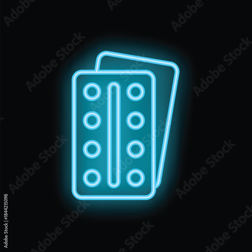 Glowing neon blue medicine blister pack icon on a black background