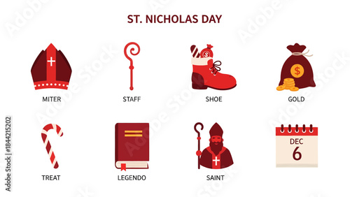 Eight icons related to St Nicholas Day including religious symbols gifts and a date