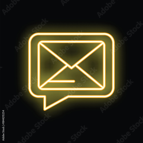 Bright yellow neon email message notification icon is glowing on a black background
