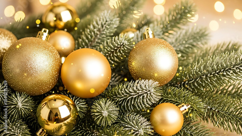 Golden baubles and sparkling lights adorn frosted pine, creating a magical glow that whisks away worries and ushers in festive cheer, celebrating the enchanting holiday spirit