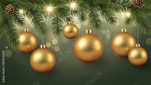 Golden Christmas Ornaments and Twinkling Lights on Fir Branches - Festive Holiday Decoration