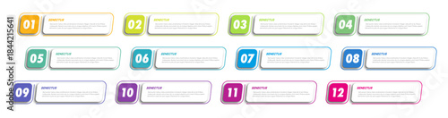 Bullet points numbers from 1 to 12 list markers vibrant color accents, designed for infographics, process, timelines or step by step guides, progress