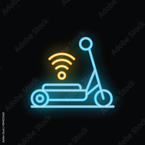 Glowing neon icon of electric scooter for rent connected to a wifi network