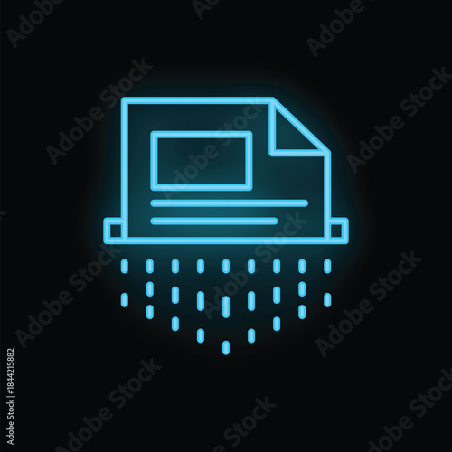 Blue neon icon of a shredder shredding a document on a black background
