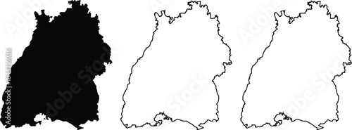 Map of Baden-Wurttemberg with outline in three variations a black silhouette, a white silhouette, and a simple black outline