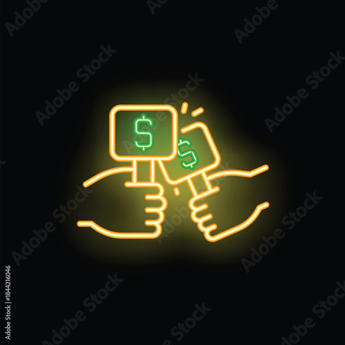Neon style icon of an auction or bidding process with dollar sign on paddle