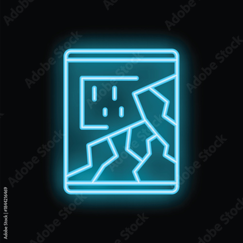 Glowing neon line smartphone with broken screen icon isolated on black background