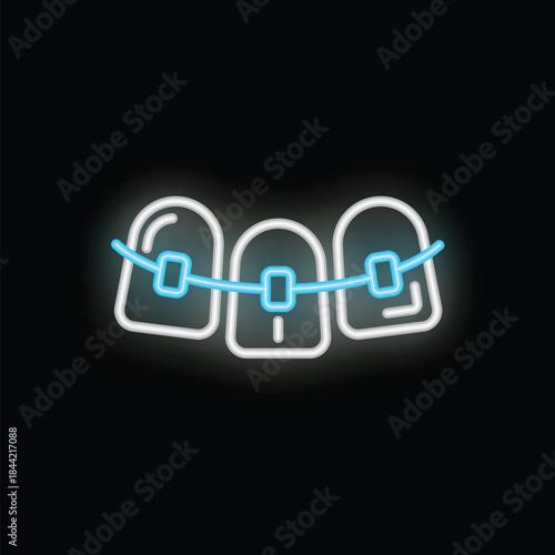 Neon sign depicting teeth wearing braces, glowing brightly against a dark background