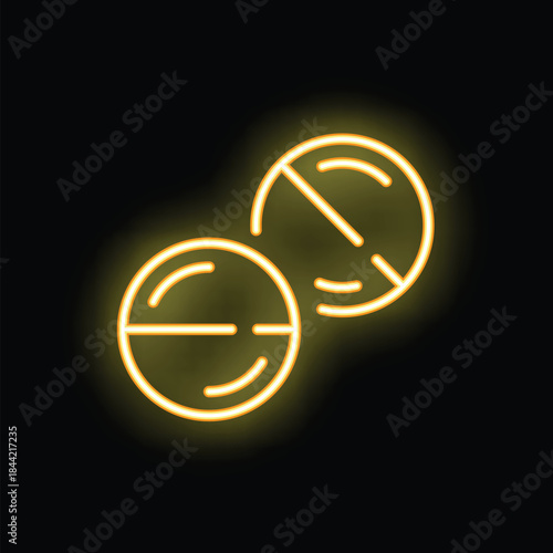 Neon sign of two pills glowing yellow against a black background