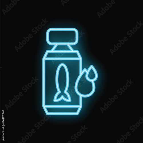 Neon blue icon of canned sardines is glowing against a black background