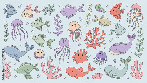 Collection of cute cartoon sea creatures and ocean plants hand-drawn illustration for childrens books and educational materials isolated on light blue background