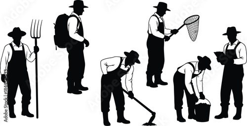 Farming and fieldwork silhouette set with tools and poses, rural activity, vector