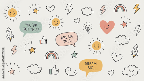 Collection of hand-drawn doodle icons featuring suns rainbows clouds and motivational phrases perfect for graphic design and social media