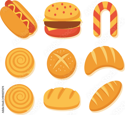 Set of Flat Vector Food and Bakery Icons Including Hot Dog Burger Bread Roll and Candy for Fast Food and Cooking Concepts.