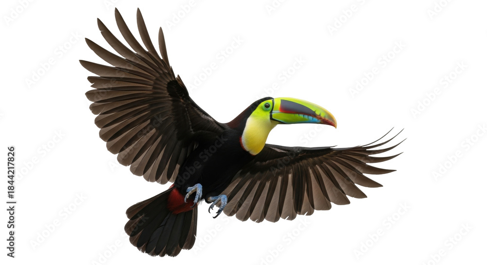 Fototapeta premium Beautiful toucan bird in full flight with wings spread and a striking colorful beak against a clean white backdrop.