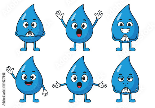A collection of six cartoon water drops with different facial expressions and gestures, illustrating various emotions and actions.