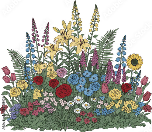 : Create a realistic Large foreground flowerbed with different blooming flowers and plants vector art with white background..