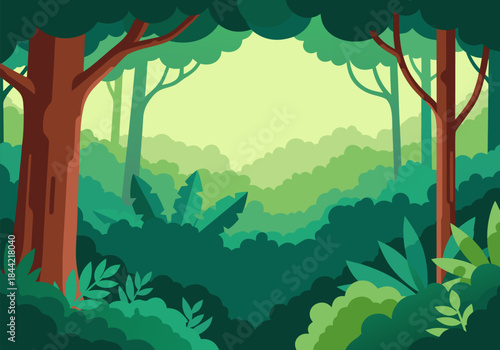 A vibrant, stylized illustration of a lush green jungle with dense foliage and tall trees framing a bright, hazy background.