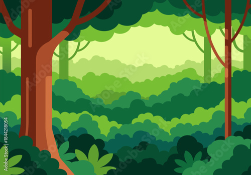 A vibrant, stylized illustration of a lush green forest with layered trees and foliage under a bright, hazy sky.