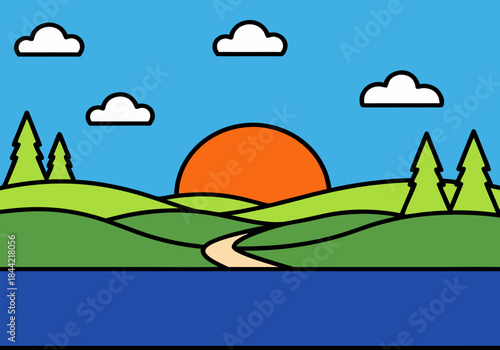 A vibrant, stylized landscape illustration featuring a large orange sun, rolling green hills, pine trees, a winding path, and a blue lake under a light blue sky with white clouds.