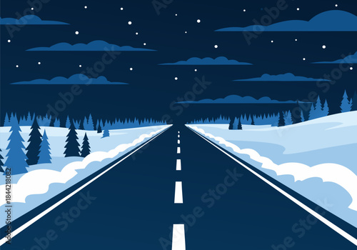 A long, straight road through a snowy winter landscape at night under a starry sky with evergreen trees.