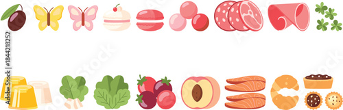 Cute Food and Ingredient Icon Set Featuring Desserts, Fruits, Vegetables, Meat and Snacks in Flat Cartoon Vector Style