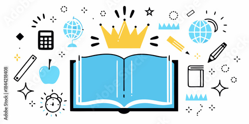 Education and knowledge concept with books globe crown and learning tools