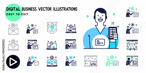Digital business icons and illustrations online work communication and data analysis