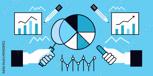 Data analysis illustration with charts graphs and hands pointing to insights