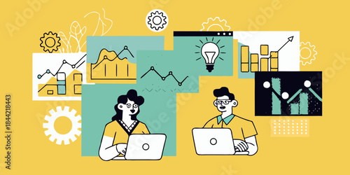 Teamwork innovation and data analysis visualized with modern illustration elements