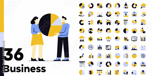 Illustrative business icons and character designs showcasing modern graphical elements