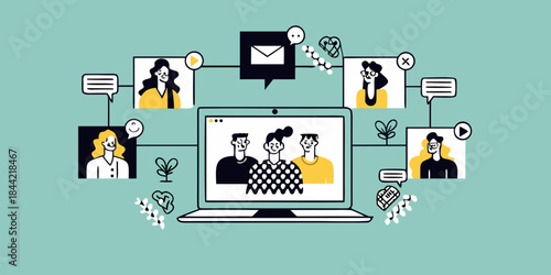 Digital connections people interacting through a laptop screen in a modern illustration