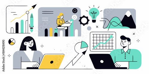 Diverse individuals collaborating on creative projects with technology and strategic planning