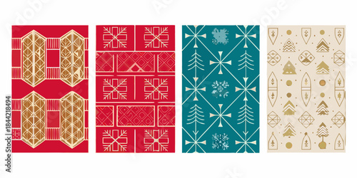 Four decorative patterned panels in red teal and beige hues