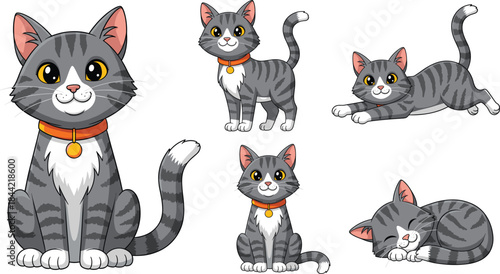 Cute Gray Tabby Cat Cartoon Character Set Showing Different Poses and Expressions for Pet, Kids and Kawaii Designs