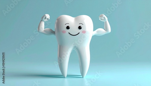 “Cartoon tooth character with eyes, rosy cheeks, smiling mouth, and muscular arms flexing on light blue background”