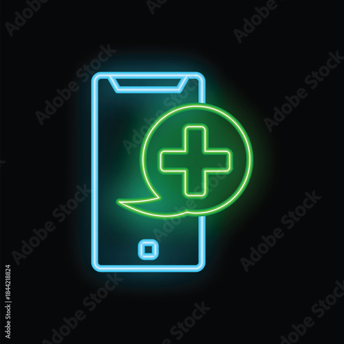 Neon sign of a green cross medical symbol over a smartphone, representing online healthcare and medical services