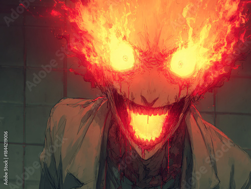 a menacing, monstrous face with glowing eyes and sharp, fang-like teeth. The face is rendered in a mix of dark and fiery tones, giving it an ominous and threatening appearance.